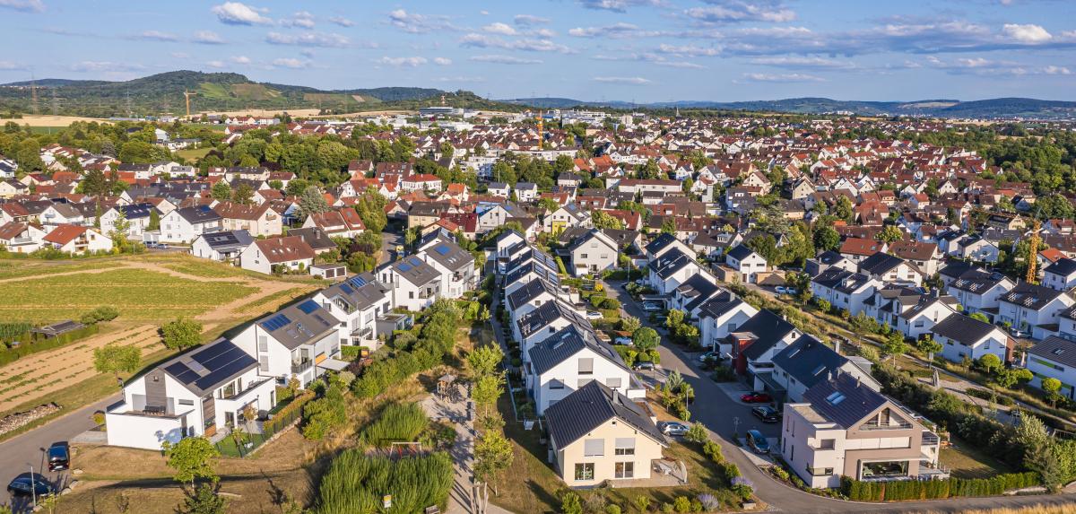 Germany, Baden-Wurttemberg, Waiblingen, Aerial view of new development area with modern energy efficient houses